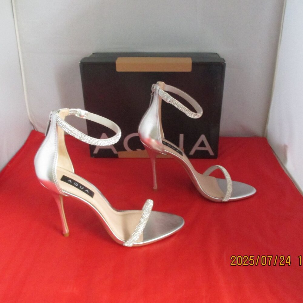 AQUA Olivia Ankle Strap High Heel Sandals $110 - US Size 9 1/2 - Silver - 1273